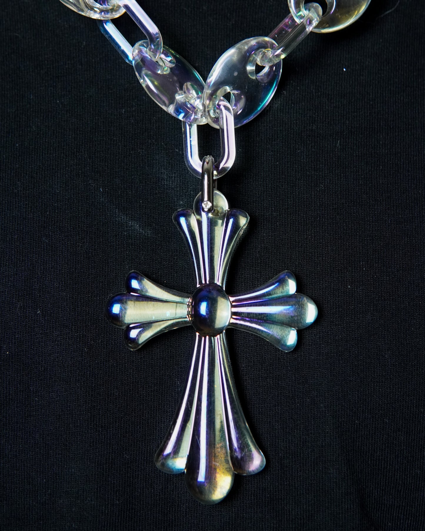 Unique opal link chain necklace featuring a large iridescent cross pendant for a distinctive look