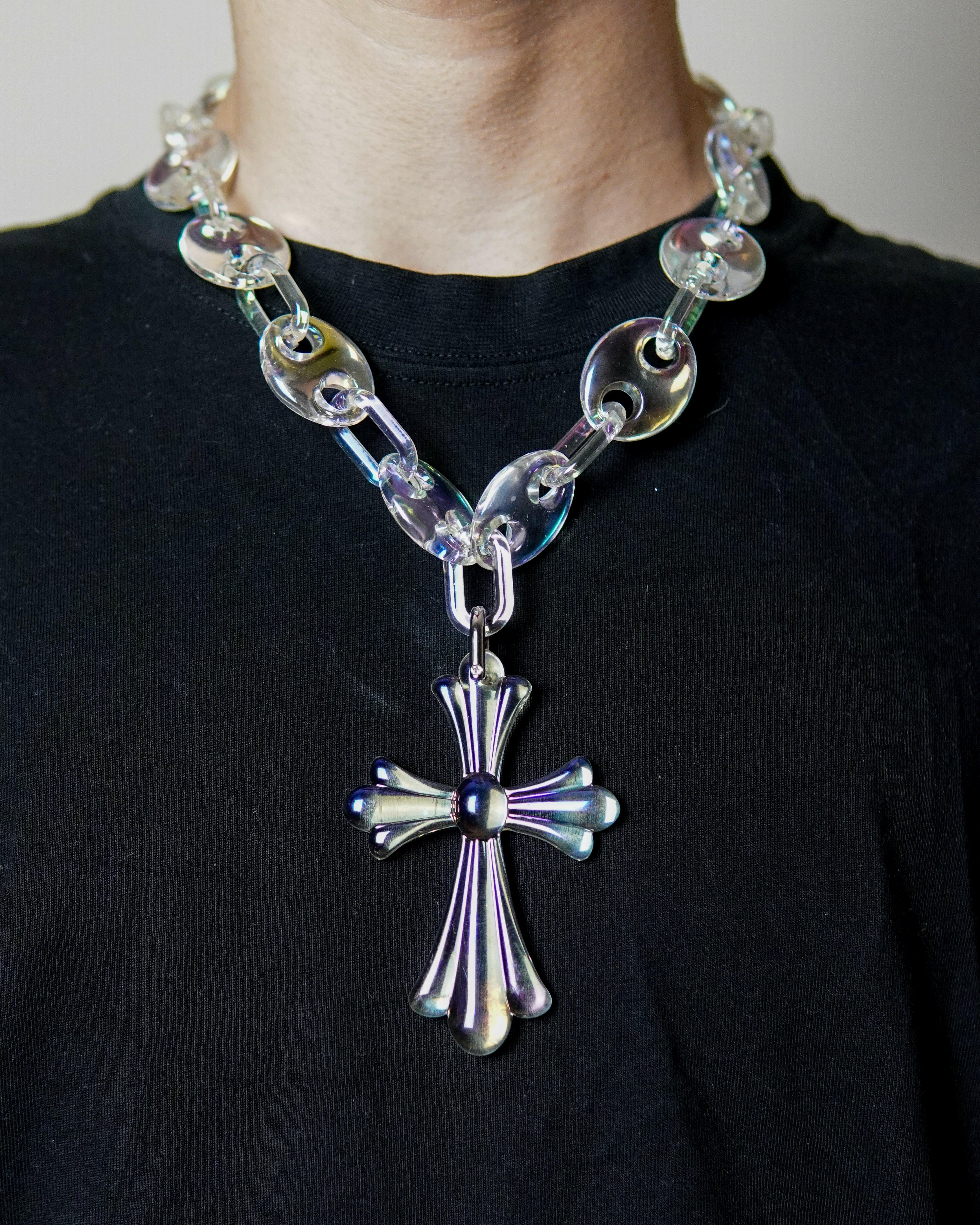 Lavenir Jewelry premium jewelry bundle featuring a unique iridescent cross necklace worn by a person