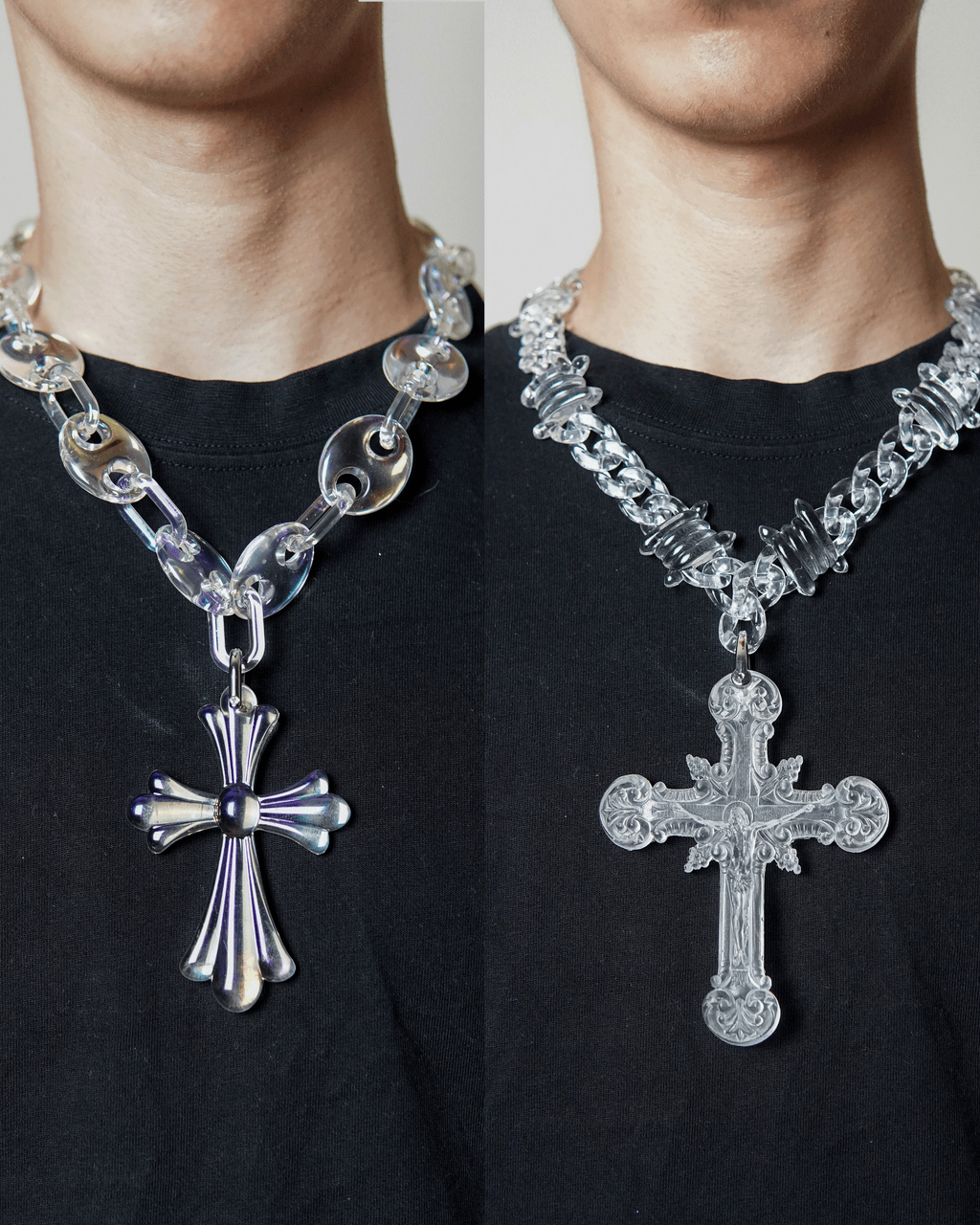 Lavenir Jewelry premium jewelry bundle featuring two intricate cross necklaces in clear acrylic and links