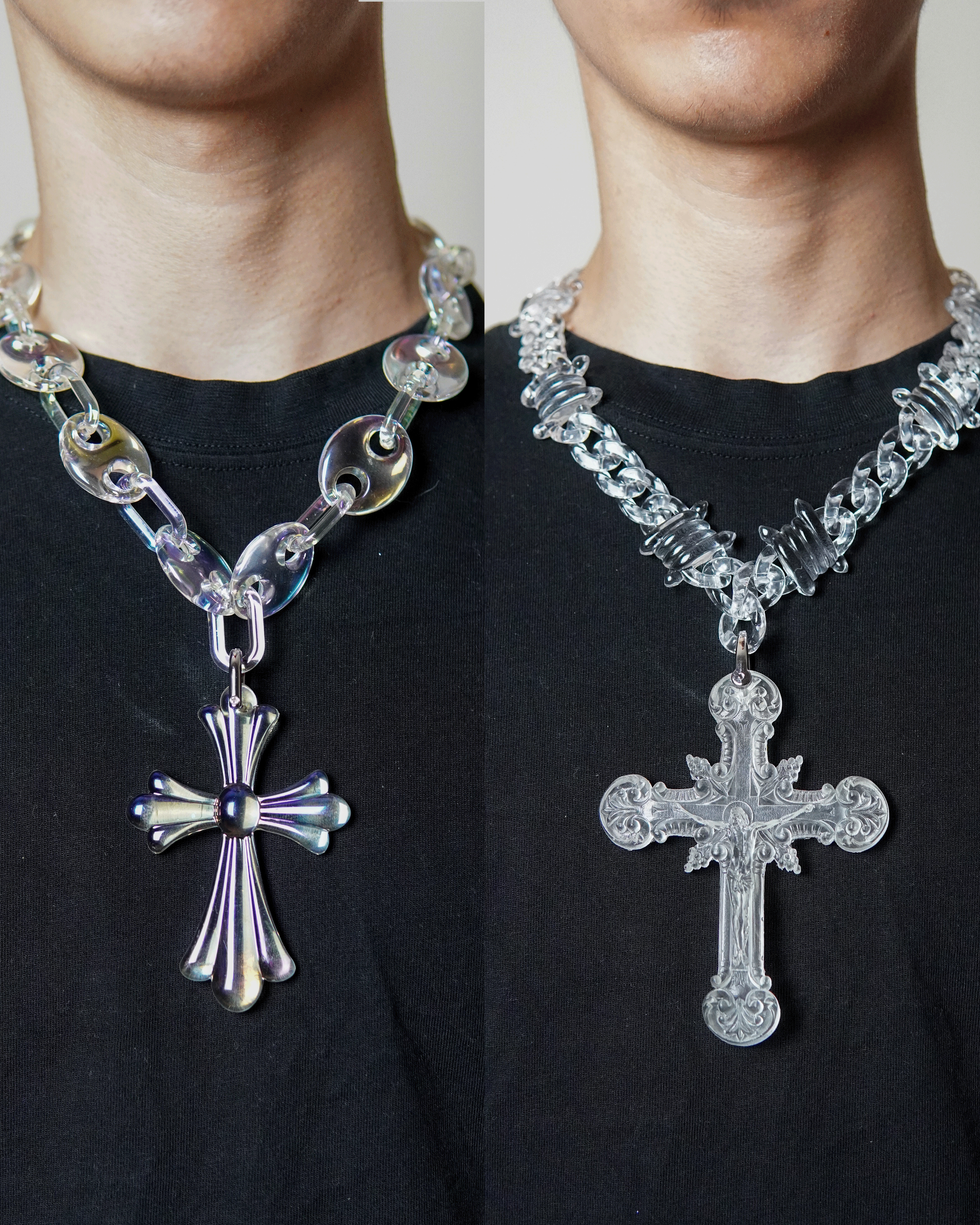 Lavenir Jewelry premium jewelry bundle featuring two intricate cross necklaces in clear acrylic and links