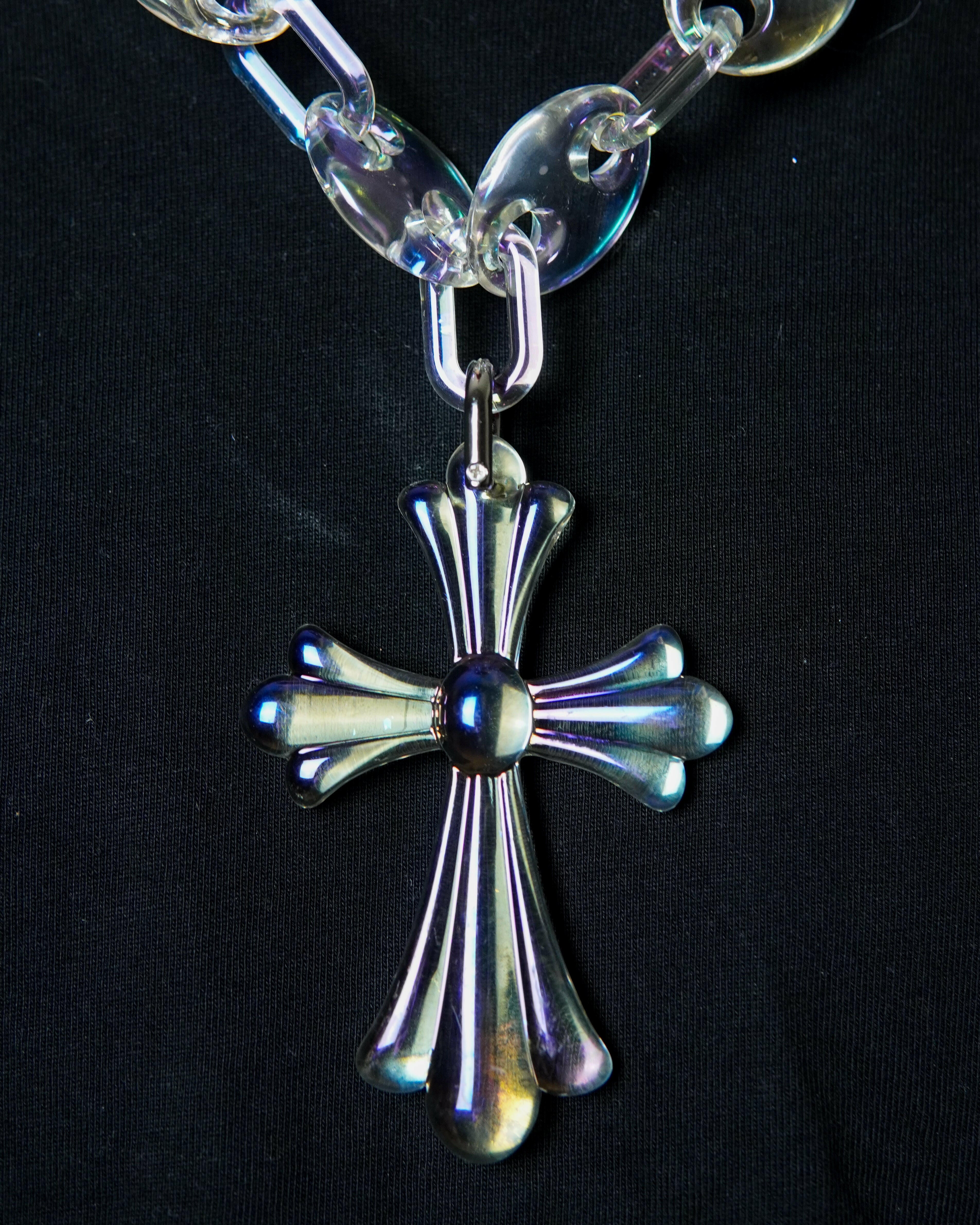 Unique opal link chain necklace featuring a large iridescent cross pendant for a distinctive look