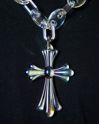 Unique opal link chain necklace featuring a large iridescent cross pendant for a distinctive look